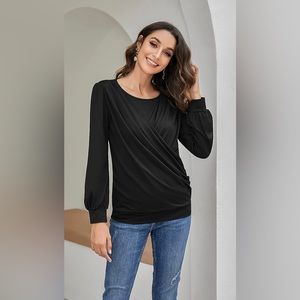 Long Sleeve Pleated Draped Black Top. NWOT. Size Medium.